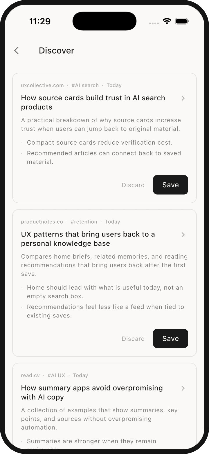 SnapStash Discover screen showing a new recommended article with reasons