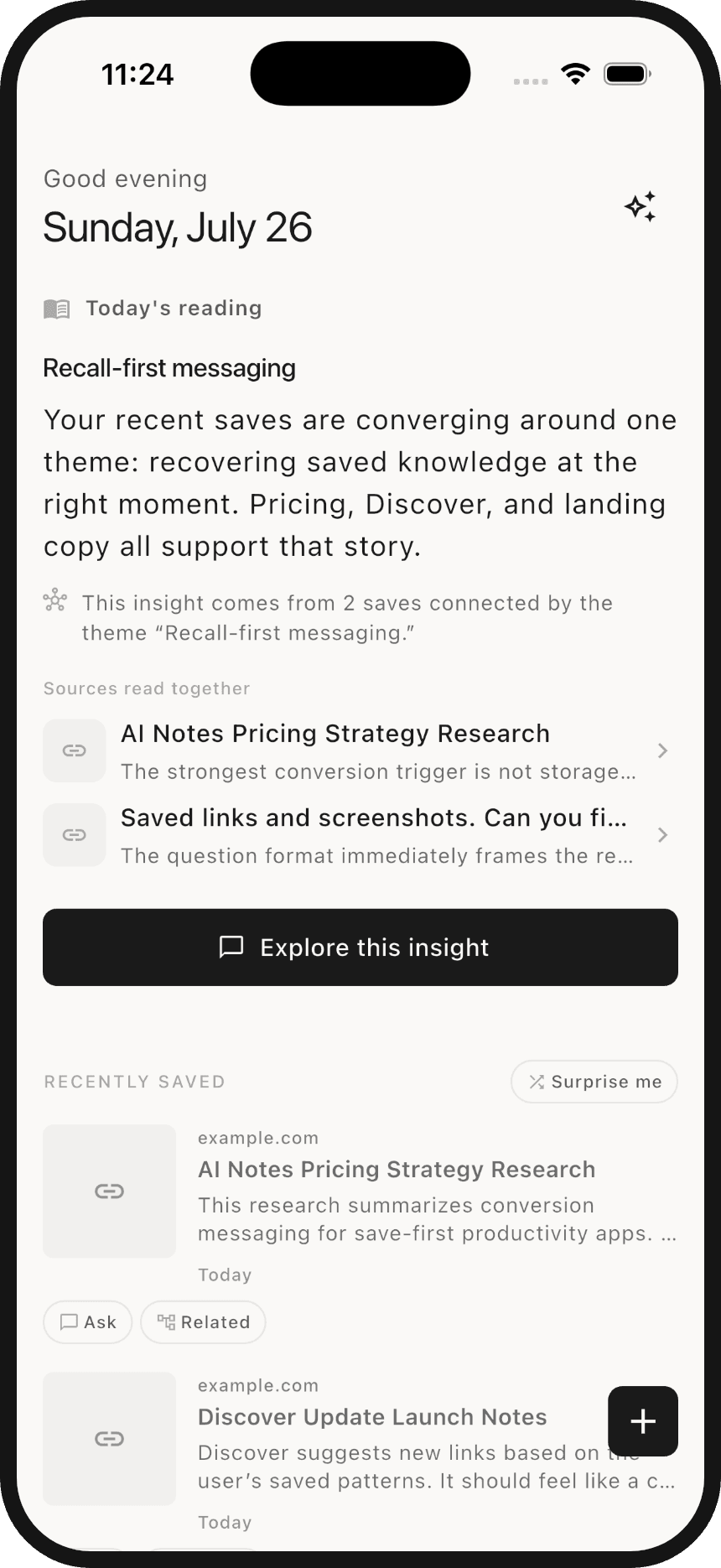 SnapStash app screen for finding saved material and discovering new ideas