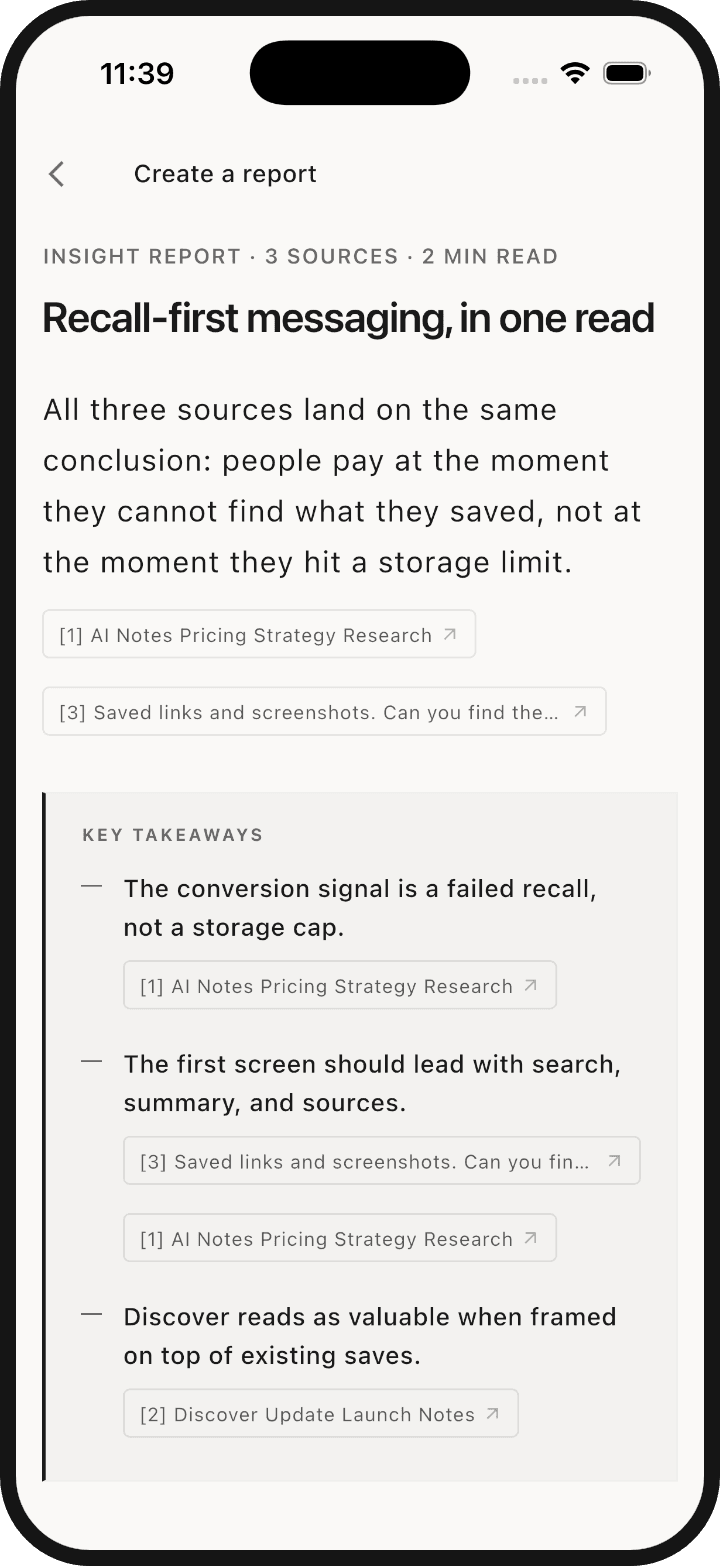 SnapStash report screen showing a generated report with numbered sources
