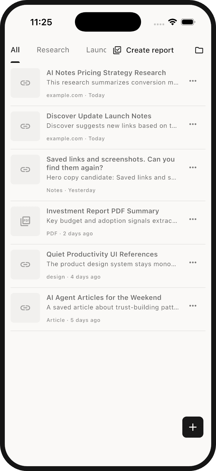 SnapStash library screen listing saved links, screenshots, and PDFs